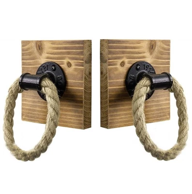 2 x Industrial Rohr Handtuchhalter Badezimmer mit Seil / Holzplatte Handtuchring - Bild 1 von 4