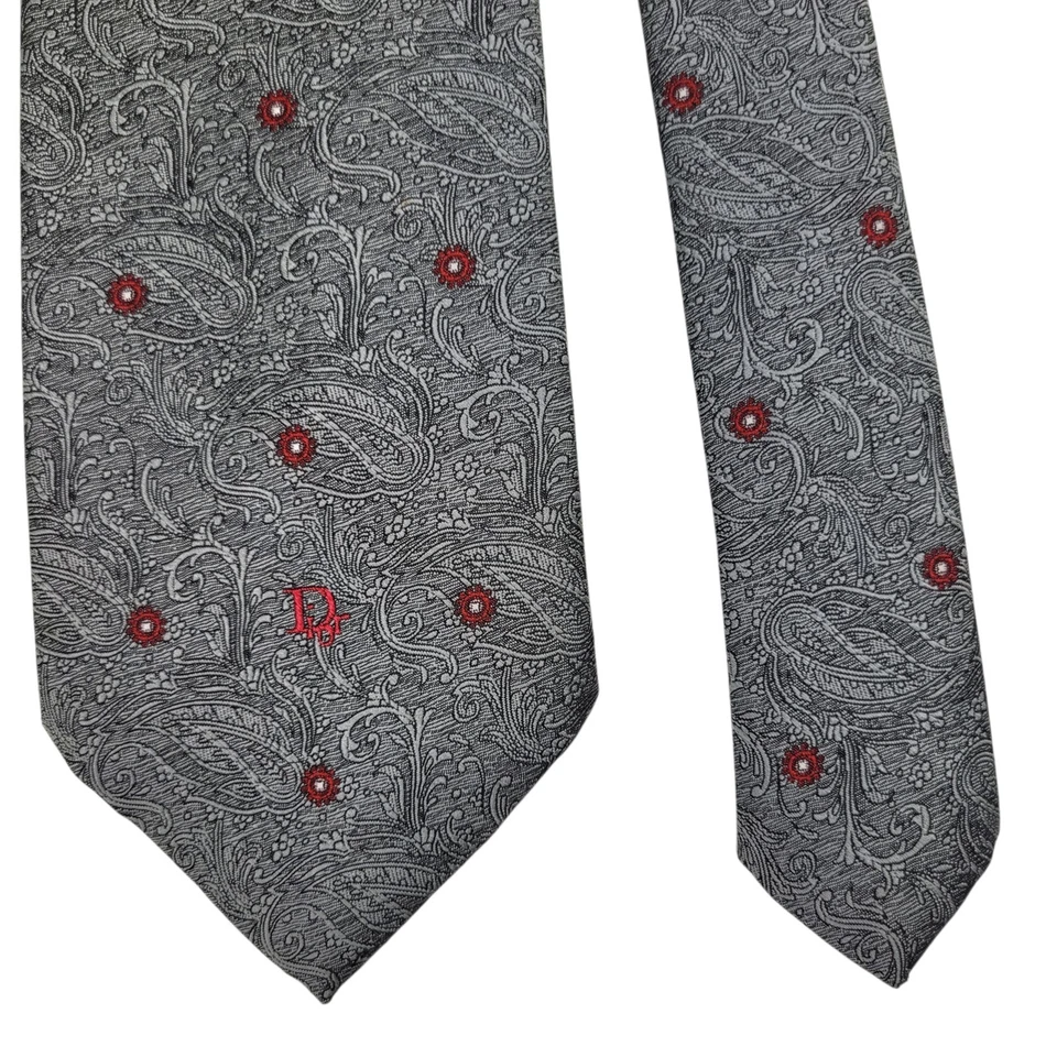 Corbata de Colección Christian Dior Para Hombres Lujo Gris Cachemira Bordada Corbata de Cuello Ajustada Foto 2 de 4