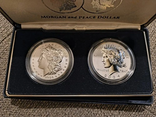 2024-S Reverse Proof $1 Morgan and Peace Silver Dollar 2pc Set Box ,OGP &