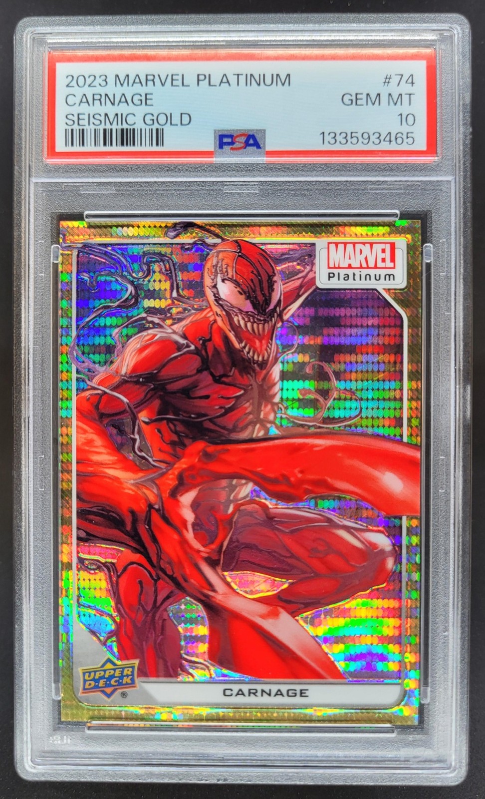 2023 Upper Deck Marvel Platinum Carnage Seismic Gold /10 #74 PSA 10 RW3 view 1