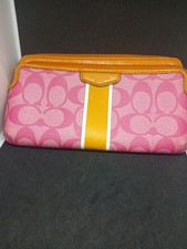 Coach Pink Orange White Zip-Around Wallet Women's Logo Zipper Signature