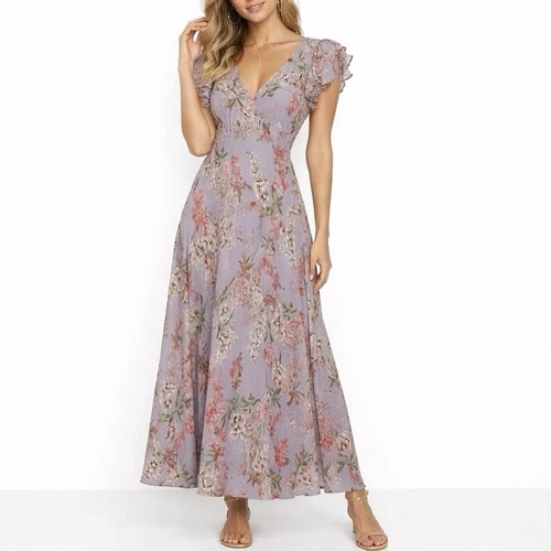 Taylor Floral Whimsical Maxi Dress Women’s Size 12 Lilac Flutter Sleeve Romantic