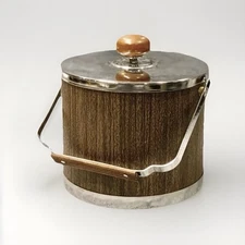 ATAPCO Faux Woodgrain Ice Bucket Chrome Wood Handle and Lid MCM Barware 1960s