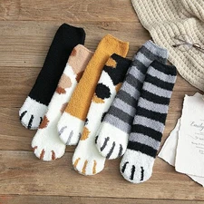 Women Girls Cute Cat Claw Coral Velvet Socks Warm Indoor Sleep Floor Home Socks