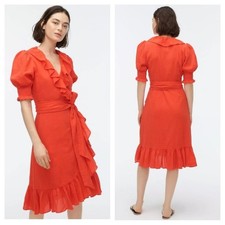 J. Crew L (10 12 14) Coral Red Ruffle Wrap Dress Crinkled Cotton Fit & Flare NEW