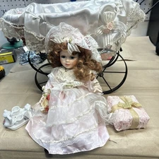 Vintage Windup Singing Antique Baby Doll Carriage Stroller-Plays Music