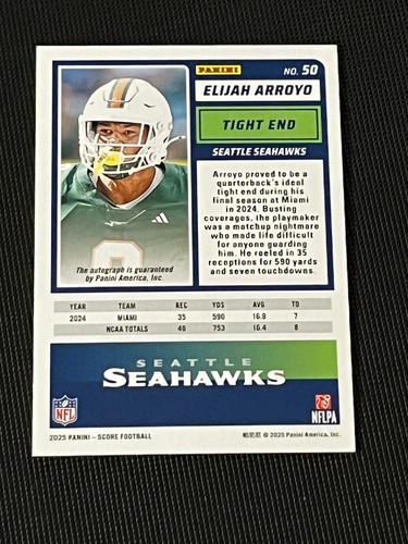 2025 Panini Score Elijah Arroyo #50 Rookie Auto Seattle Seahawks RC Miami U - Picture 2 of 6