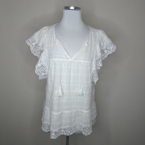 Gap White Flutter Sleeve Top Size Medium Women's Tasseled Crochet Lace