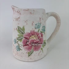 Unbranded Pottery Water Pitcher Vase White With Flowers 5 1/2" Tall Textured