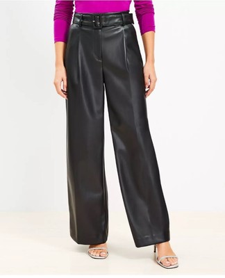 LOFT Faux Leather Belted Wide Leg Pants Black Size 2 Zip Fly High Rise Pockets