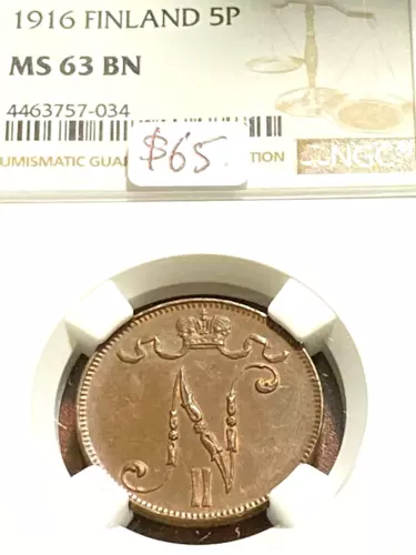 1916 Finland 5 Pennia NGC MS63 BN Beauty, Scratch-Free Holder CHRC