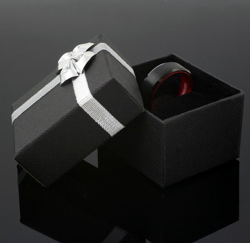 8mm Tungsten Men's Black Brushed Red Inside Band Wedding - Engravable - Picture 2 of 6