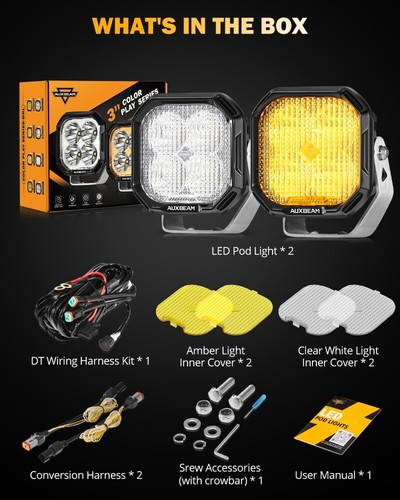 2pcs AUXBEAM 3" LED Pods Driving Lights Flood Beam White DRL + Amber Turn Light - Picture 8 of 12
