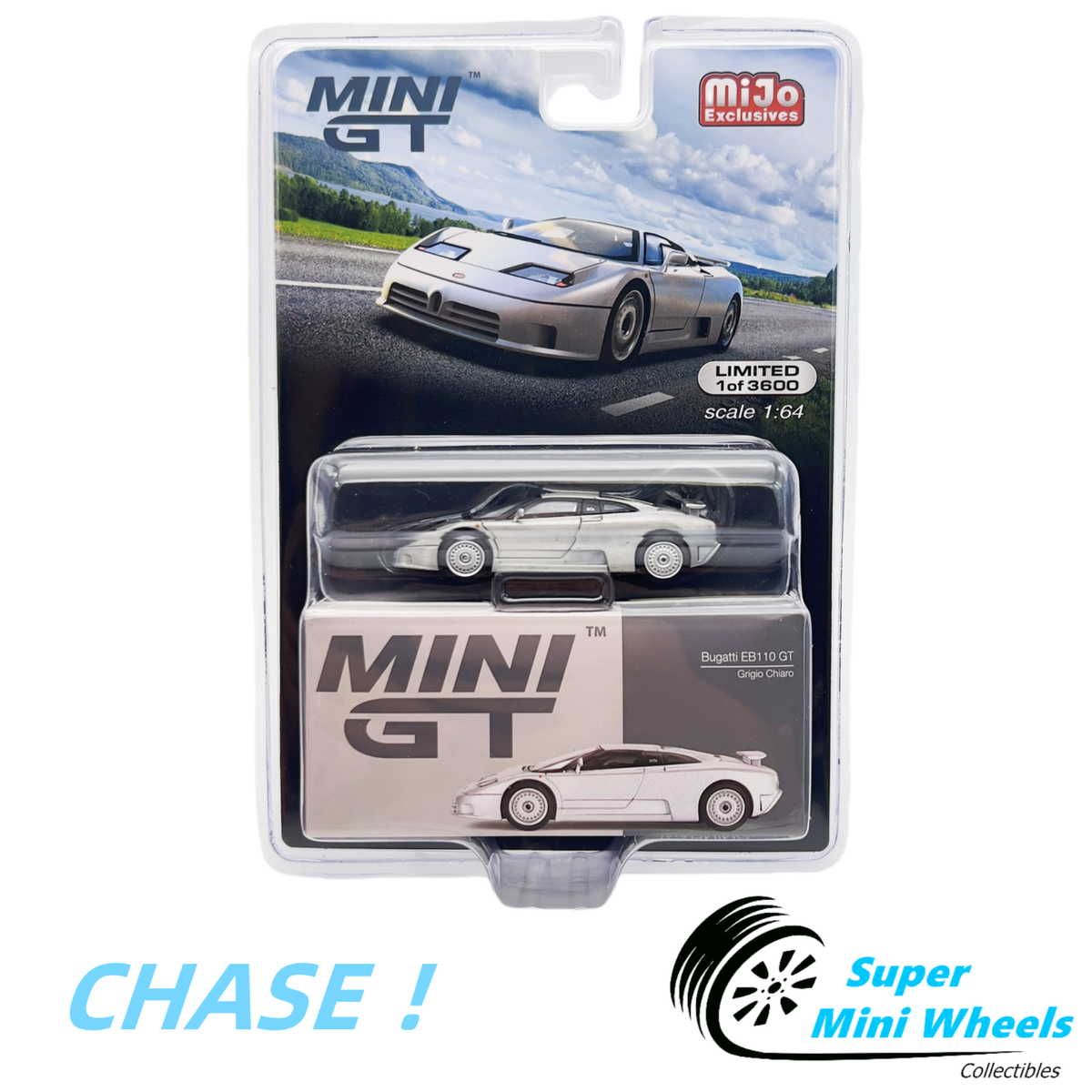 CHASE ! Mini GT 1:64 Bugatti EB110 GT Grigio Chiaro Silver