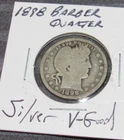 V-Good Silver 1898 p Philadelphia Mint Barber Quarter, 1/4 dollar Pre WWI Era