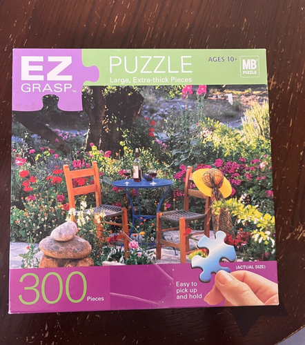 Hasbro Milton Bradley Ez Grasp 300 Piece Puzzle 2005 Flower Garden Table Chairs