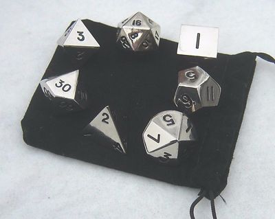 Set of 7 Silver Colored Polyhedral Metal Dice (16mm d6, RPG / dnd Dice)
