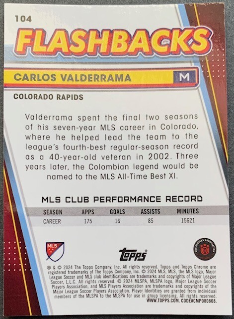 2024 TOPPS CHROME MLS SOCCER CARLOS VALDERRAMA #104 COLORADO