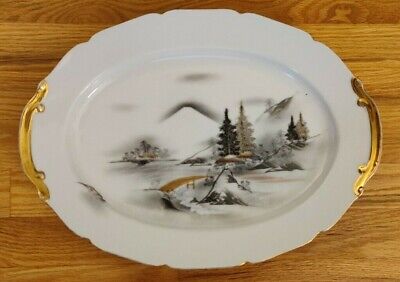 Vintage Porcelain Kutani China Mt Fuji Village Bridge 16 Metallic Silver Serving Platter Japan