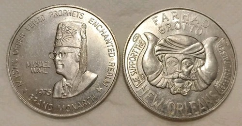  2 Vintage 1975 Farhad Grotto New Orleans Silver Aluminum Doubloon Michael Wahl