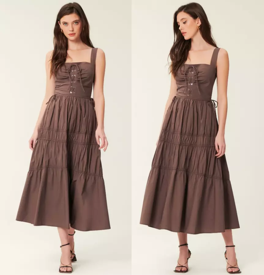 NICHOLAS Halle corset lace up shirred cotton poplin midi dress Mocha sz 4 395