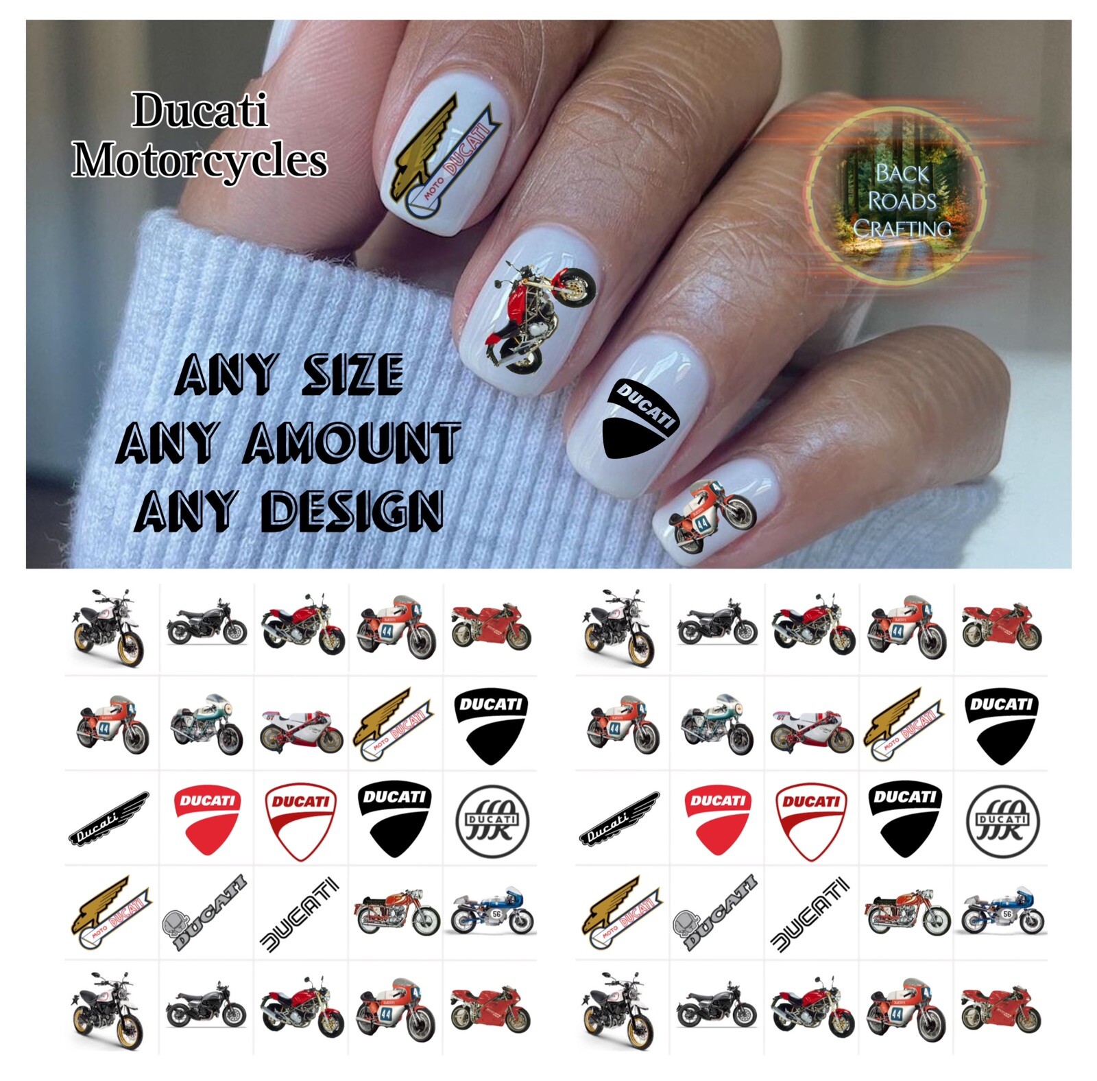 Ducati Motorcycle Waterslide Nail Decals Set of 50 with Instructions and Bonus