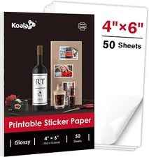 Koala Glossy Sticker Paper for Inkjet Printer, 4X6 Inch 50 Sheets White Printabl