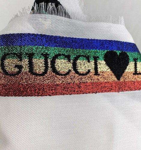 New Gucci Loved Kids Ladies White Cotton Neck Scarf w/Rainbow Stripe 505785 9200 - Picture 4 of 8