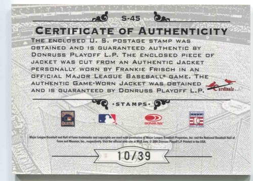 2005 LEAF CENTURY STAMP CENTENNIAL RELIC #45 FRANKIE FRISCH CARDINALS 10/39 - Picture 2 of 4