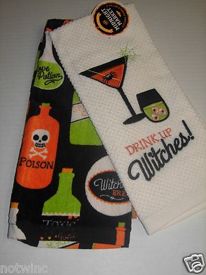 Halloween Midnight Market Kitchen Dish Towels Drink up Witches Poison Potion NWT