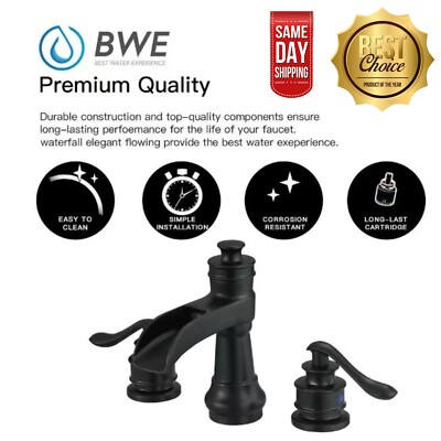 BWE 8 in Waterfall Widespread 2-Handle Bathroom Faucet Matte Black with Drain