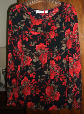 NWOT    SUSAN GRAVER    Long Sleeve Printed Woven Pintucked Blouse Size 14