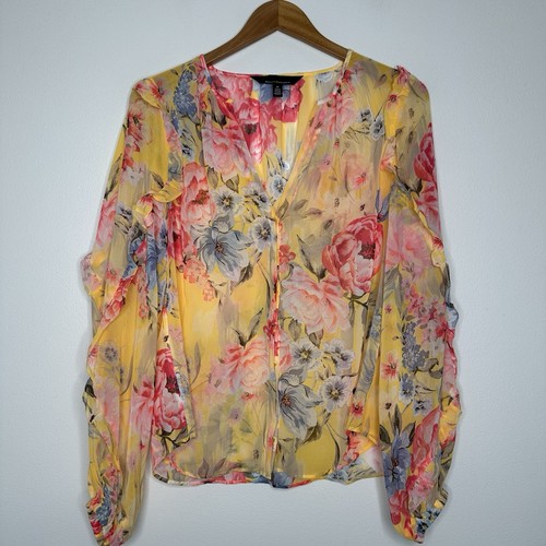 WHBM Bluse mit Rüschenärmeln Damen Größe M gelb geblümt transparent Cottagecore Ostern
