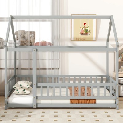 Wood House Floor Bed w/ Safety Guardrails & Roof Frame for Twin Mattress Grey
