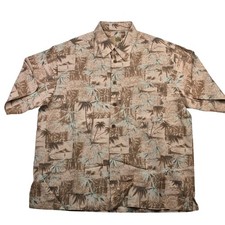 Caribbean Mens Large Silk Cotton Tropical Palm Tree Camp Shirt Brown Tan green L