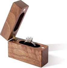 Wooden Engagement Ring Box Small Slim Flat Case for Walnut Wood