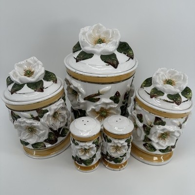 Vtg K&K  Magnolia Canister Salt Pepper Country Kitchen Set Ceramic 3D Farmhouse