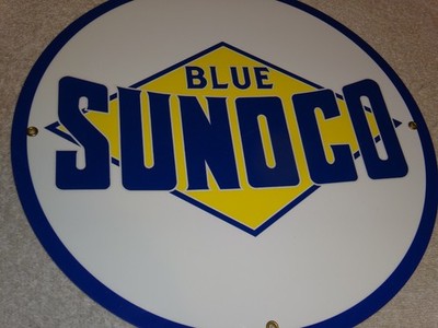 VINTAGE BLUE SUNOCO GASOLINE 11 3/4'' PORCELAIN METAL   SUN OIL ADVERTISING SIGN