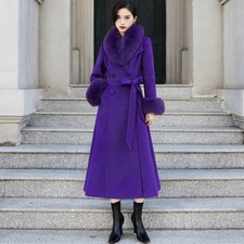 Cappotto donna lungo invernale lana collo vera pelliccia di volpe viola retrò risvolto