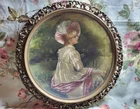 LARGE ANTIQUE HAND PAINTED PORTRAIT~ MILK GLASS? CHARGER~ORNATE WOOD GESSO FRAME