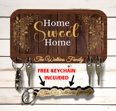 Home Sweet Home Personalized Key Wall Rack Holder Organizer 10''x5'' MDF Board