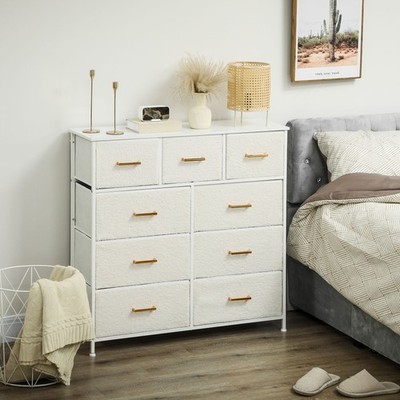 Kommode mit 9 Schubladen, Boucle Kommode für Schlafzimmer, Wohnzimmer, creme