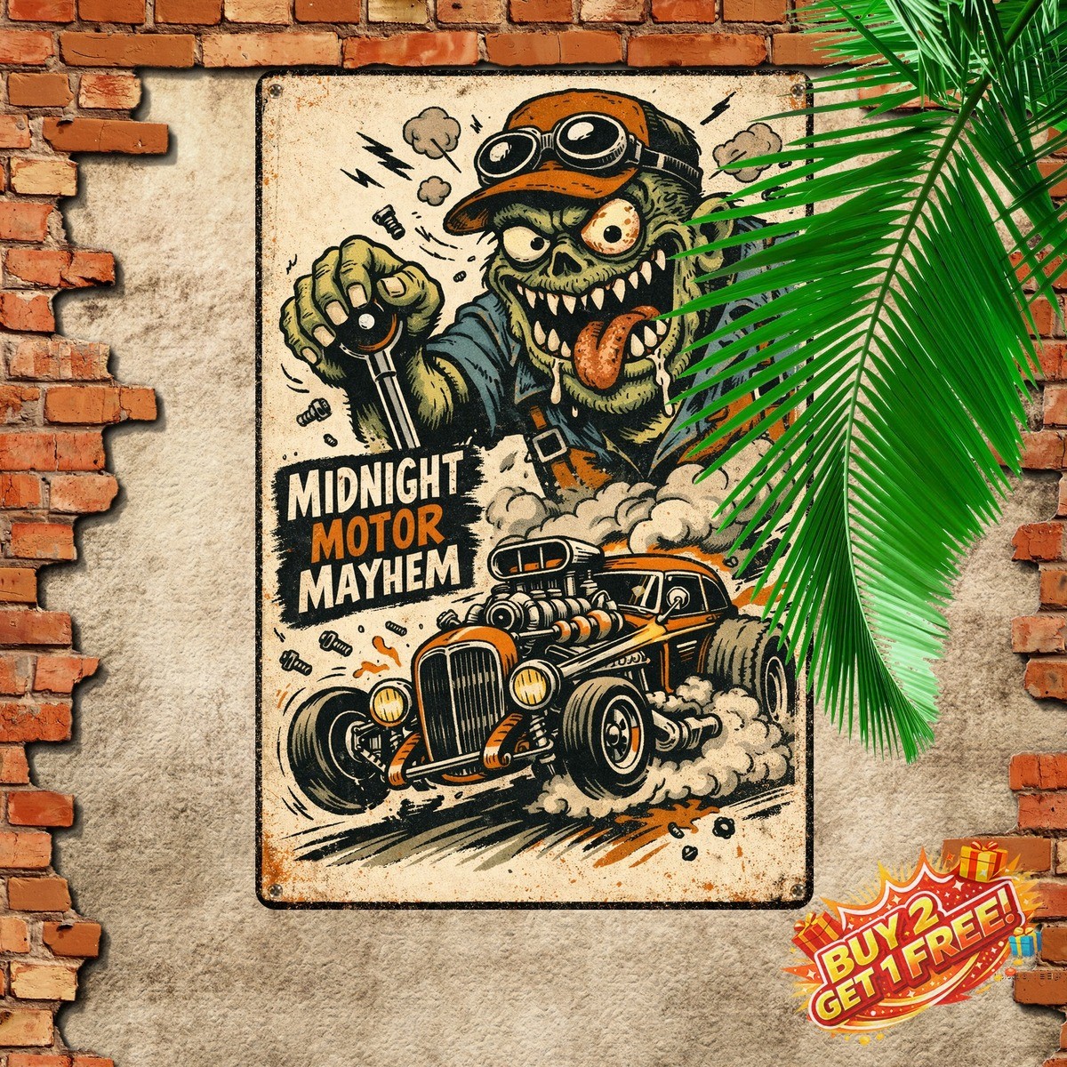 Monster Mechanic Hot Rod Vintage Garage Poster Mid Century Metal