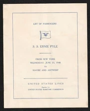 1948 PASSENGER LIST S.S. ERNIE PILE NEW YORK TO HAVRE AND ANTWERP   ---  VLCC