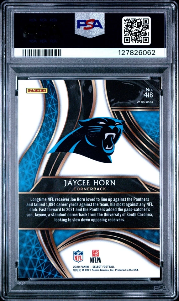 2020 Panini Select #418 Jaycee Horn XRC Silver Prizm Rookie (2021) PSA 10 (B) - Image 2 of 2