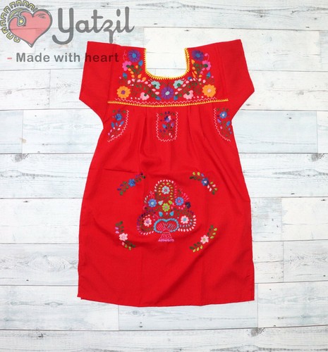 Mexican Girl Dress Peasant Hand Made Embroidered with Multicolored Flowers - Picture 6 of 11