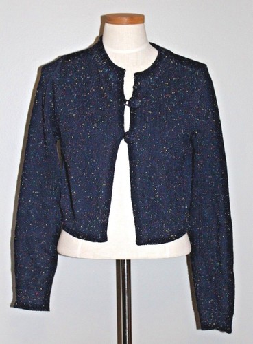 Modcloth Cardigan Sweater Cropped Blue Speckled Button Up Size Large Retro Look - Picture 2 of 10