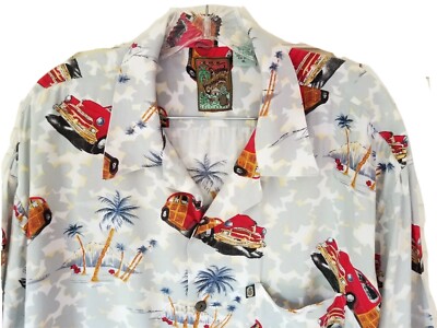 Pineapple Connection Mens Hawaiian Camp Shirt Woody Car Palm Trees Blue Red ~ XL
