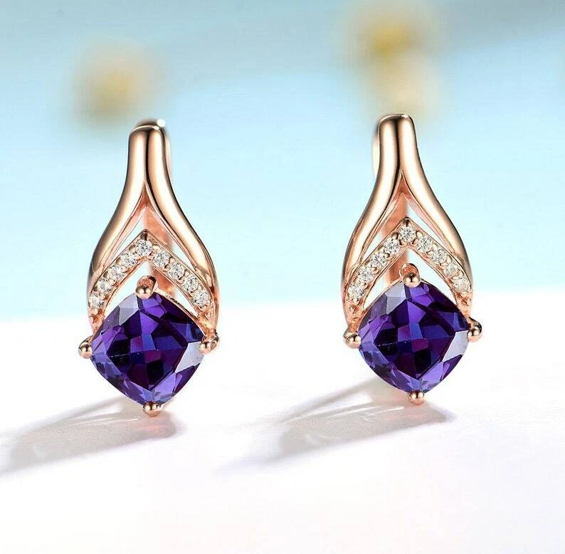 Lab Alexandrite Earrings Hoop Earrings Cushion Cut Colors Changing Earrings Foto 4 de 4