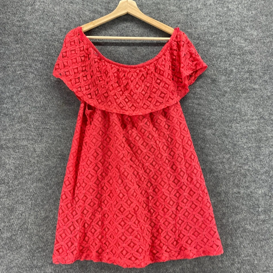 Vestido feminino BB Dakota G grande vermelho geométrico crochê shift curto forrado de algodão - Imagem 3 de 4